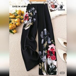 Plus Black Floral Wide-Leg Pants 6XL